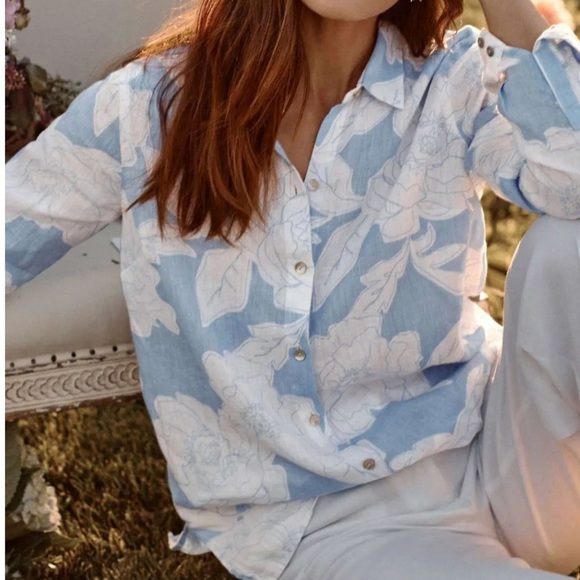 J. Jill Love Linen Everyday Linen Button-Front Shirt Clear Pond Floral Sketch M - Picture 1 of 8